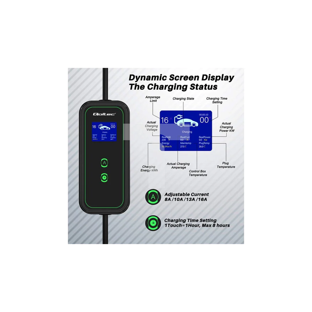 Qoltec Mobilna ładowarka do samochodu elektrycznego EV z regulacją 2w1 Typ2 11kW CEE 5 PIN Wi-fi LCD 3 fazy Przenośna Wallbox 5m