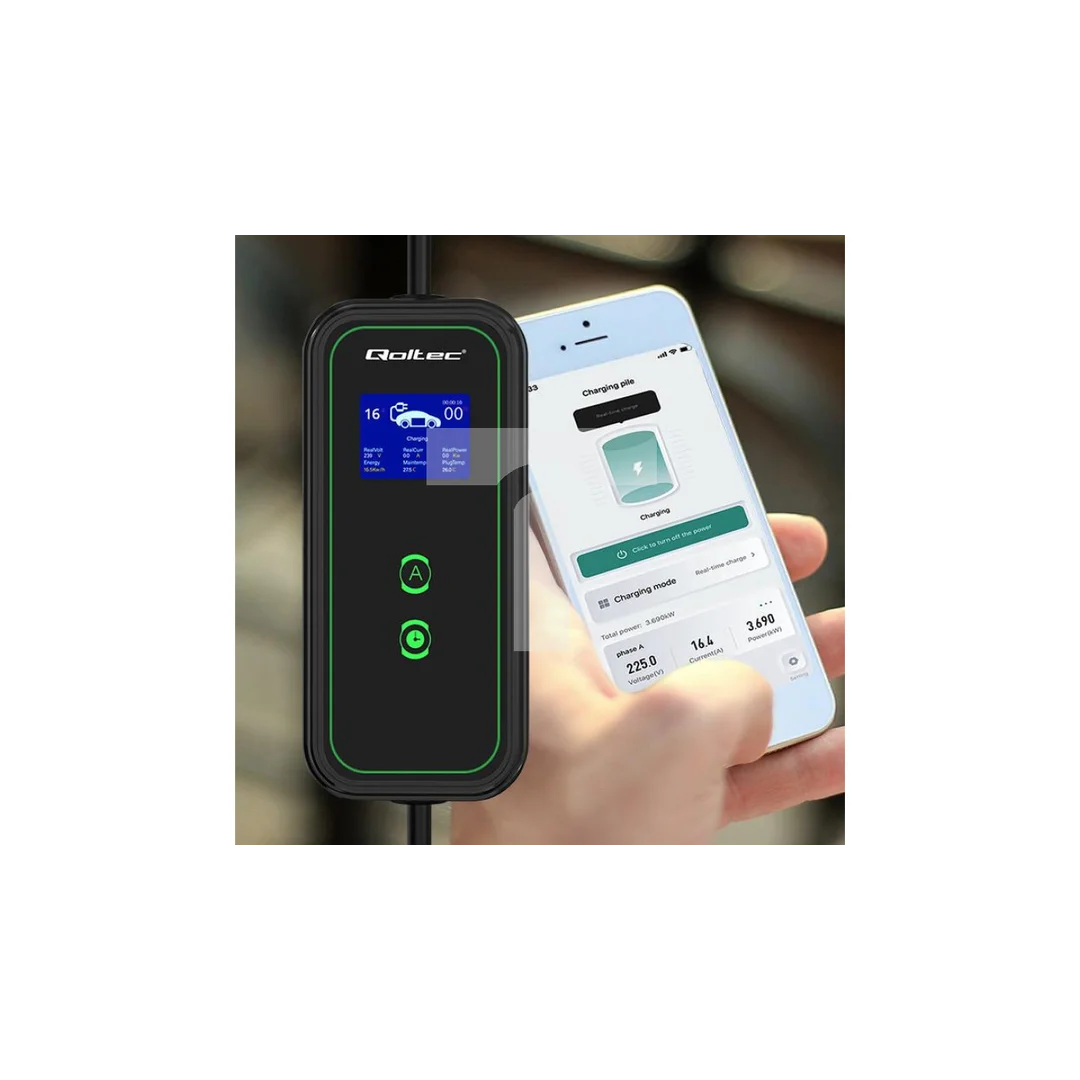 Qoltec Mobilna ładowarka do samochodu elektrycznego EV z regulacją 2w1 Typ2 11kW CEE 5 PIN Wi-fi LCD 3 fazy Przenośna Wallbox 5m