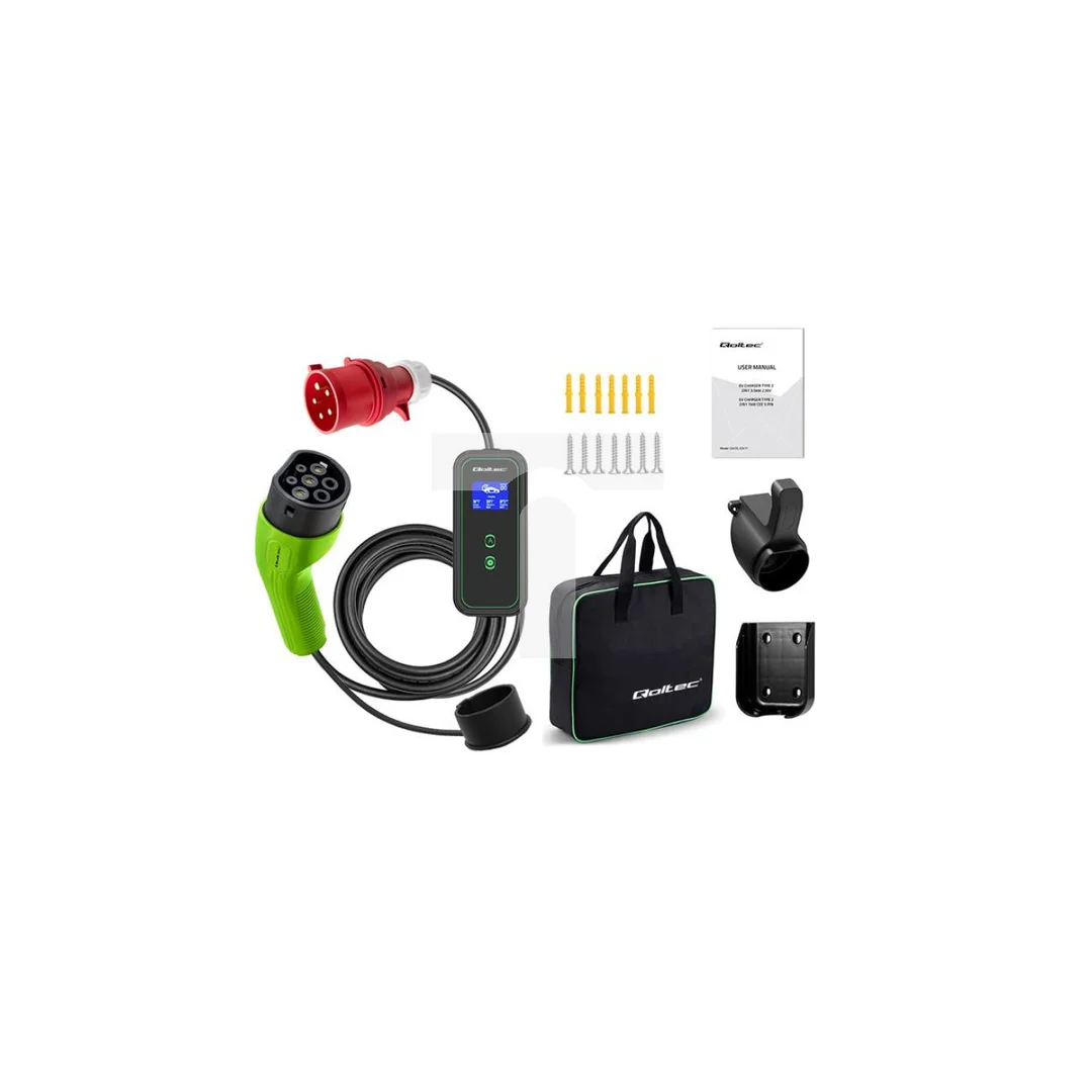 Qoltec Mobilna ładowarka do samochodu elektrycznego EV z regulacją 2w1 Typ2 11kW CEE 5 PIN Wi-fi LCD 3 fazy Przenośna Wallbox 5m