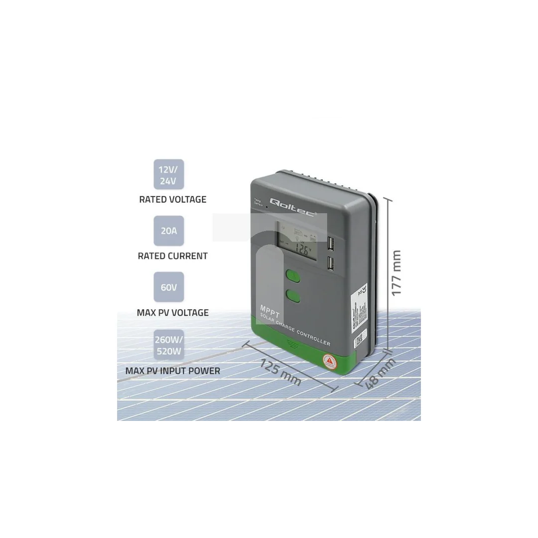 Qoltec Solarny regulator ładowania MPPT z czujnikiem temperatury 20A 12V / 24V LCD 2 x USB