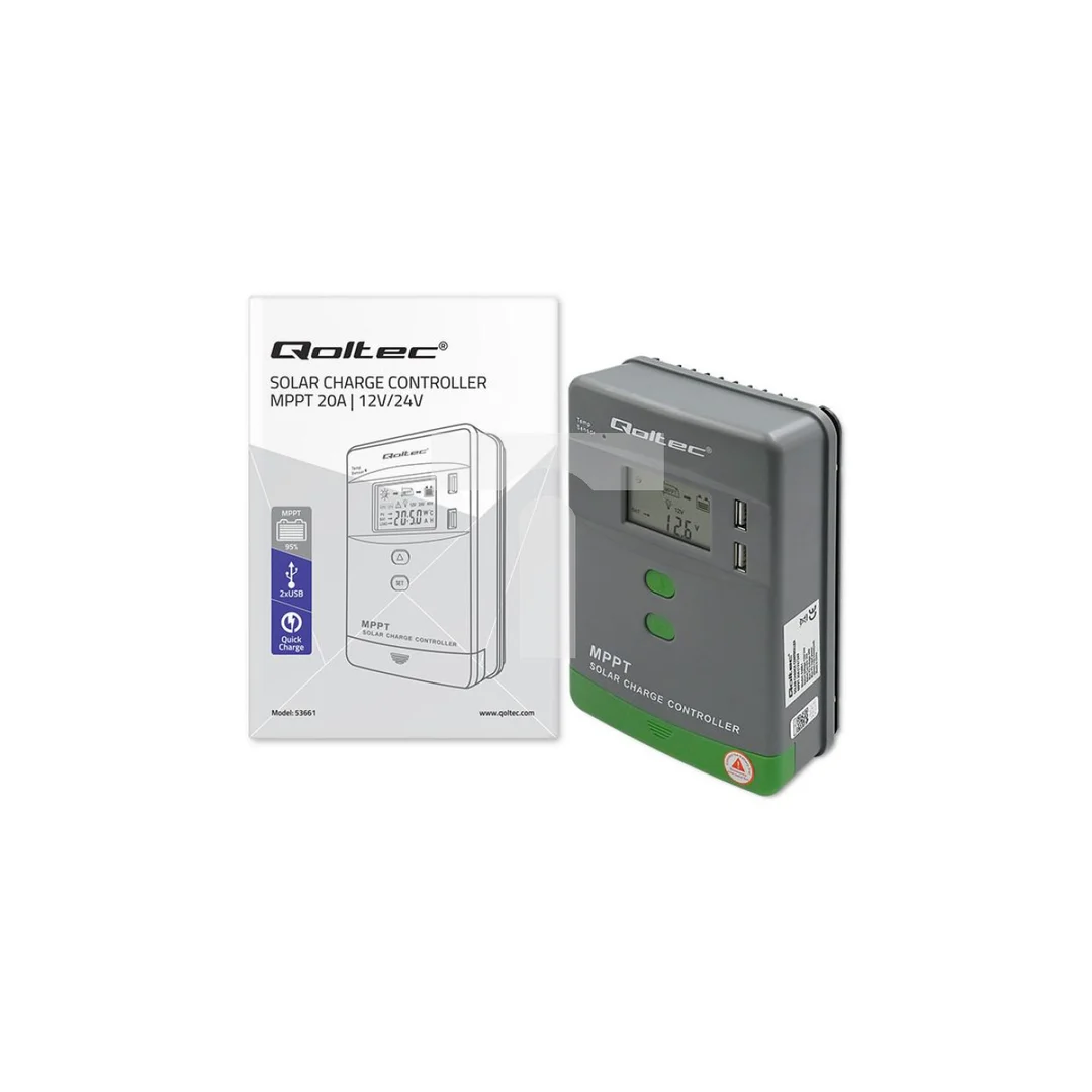 Qoltec Solarny regulator ładowania MPPT z czujnikiem temperatury 20A 12V / 24V LCD 2 x USB
