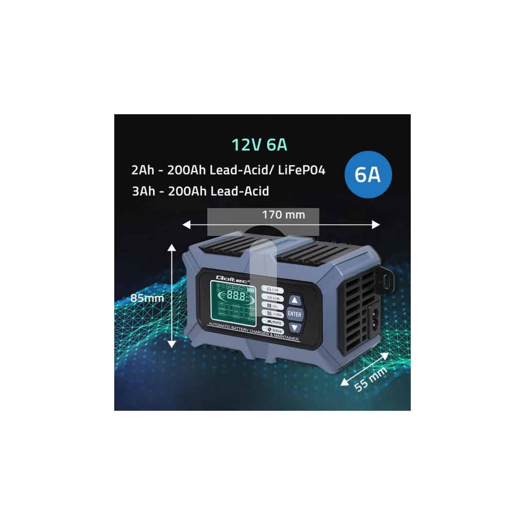 Ładowarka z testerem baterii i funkcją naprawy 12V 6A LCD do AGM LiFePO4 GEL