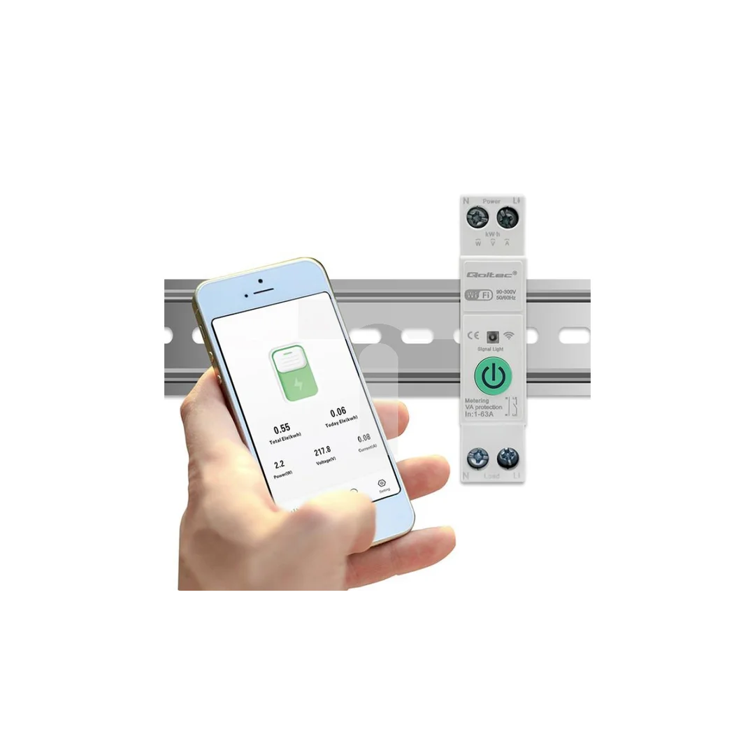 Qoltec Przekaźnik Wi-fi 63A na szynę DIN z licznikiem energii elektrycznej TUYA SMART LIFE
