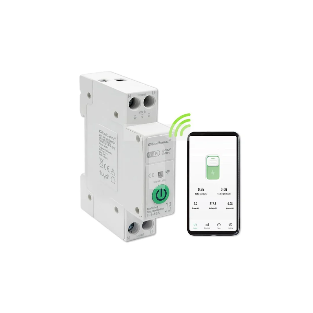 Qoltec Przekaźnik Wi-fi 63A na szynę DIN z licznikiem energii elektrycznej TUYA SMART LIFE
