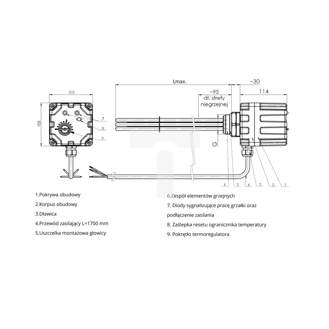 Grzałka do bojlera ZGT 9,0 kW 6/4” z termostatem SELFA AISI 316L