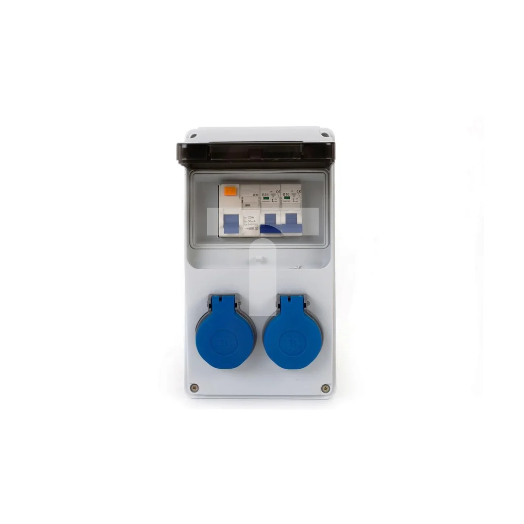Rozdzielnica LAGO 6M - gniazda 2x230V + zabezpieczenia (RCD 2P 25A typ AC, MCB 1P B16Ax2 ) IP44