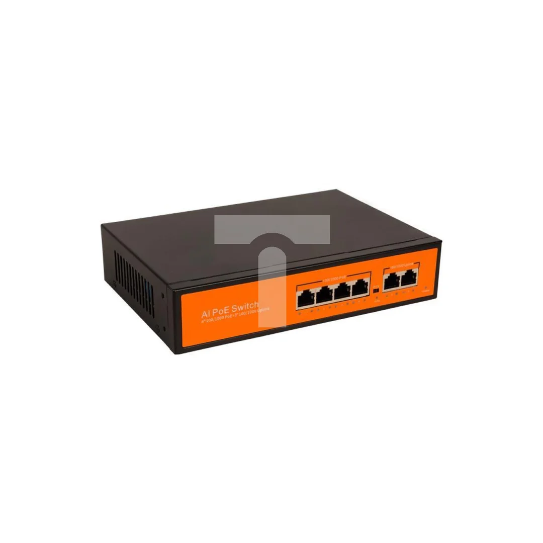 Switch 4x PoE 100/1000 Mbps 802.3af/at + 2x Uplink 100/1000 Mbps, 65W