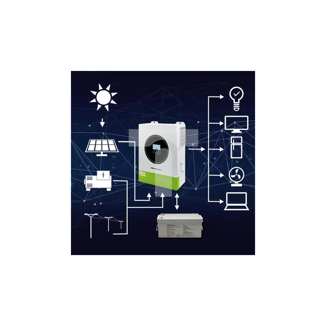 Qoltec Hybrydowy inwerter solarny Off-Grid 11000W 160A 48V MPPT BMS Sinus opcja Wi-Fi Power Factor 1.0