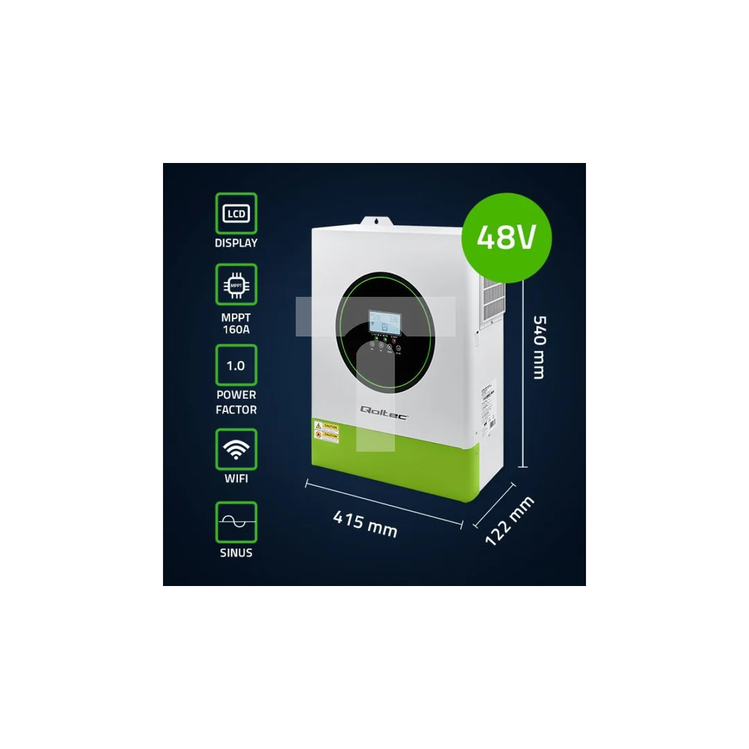 Qoltec Hybrydowy inwerter solarny Off-Grid 11000W 160A 48V MPPT BMS Sinus opcja Wi-Fi Power Factor 1.0