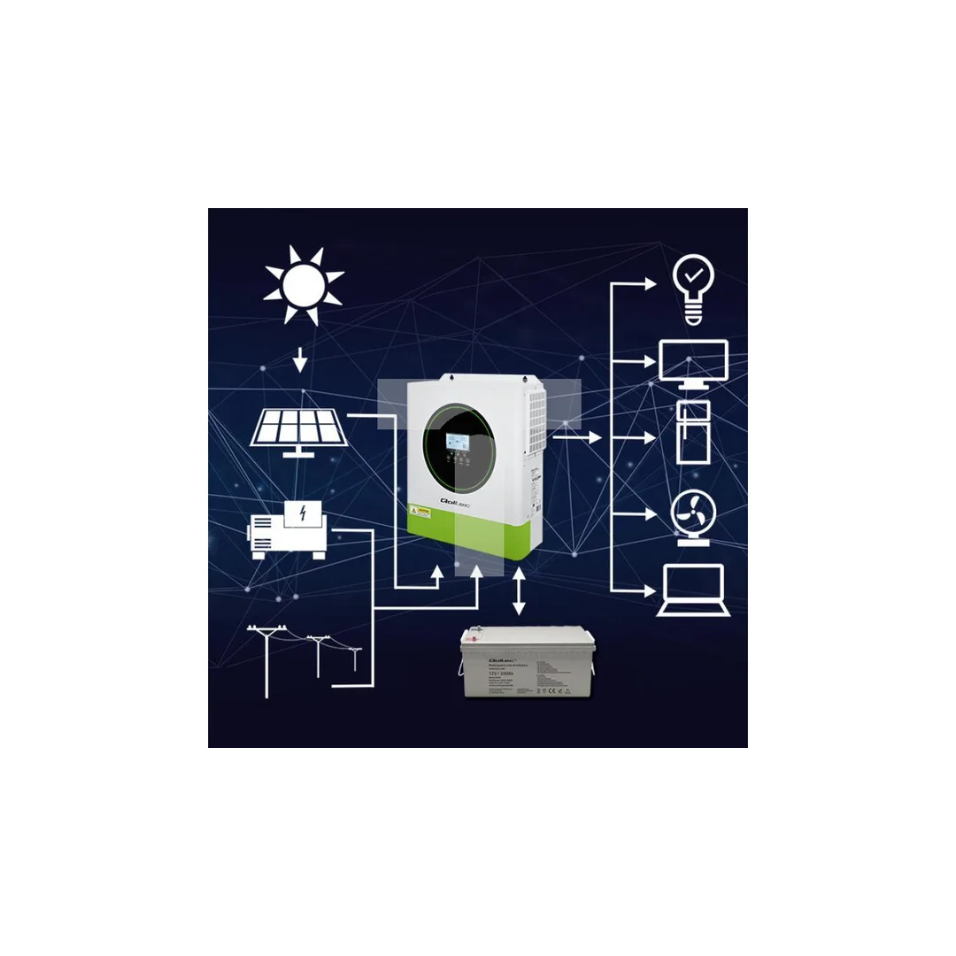 Qoltec Hybrydowy inwerter solarny Off-Grid 3500W 100A 24V MPPT BMS opcja Wi-fi Sinus Power factor 1.0