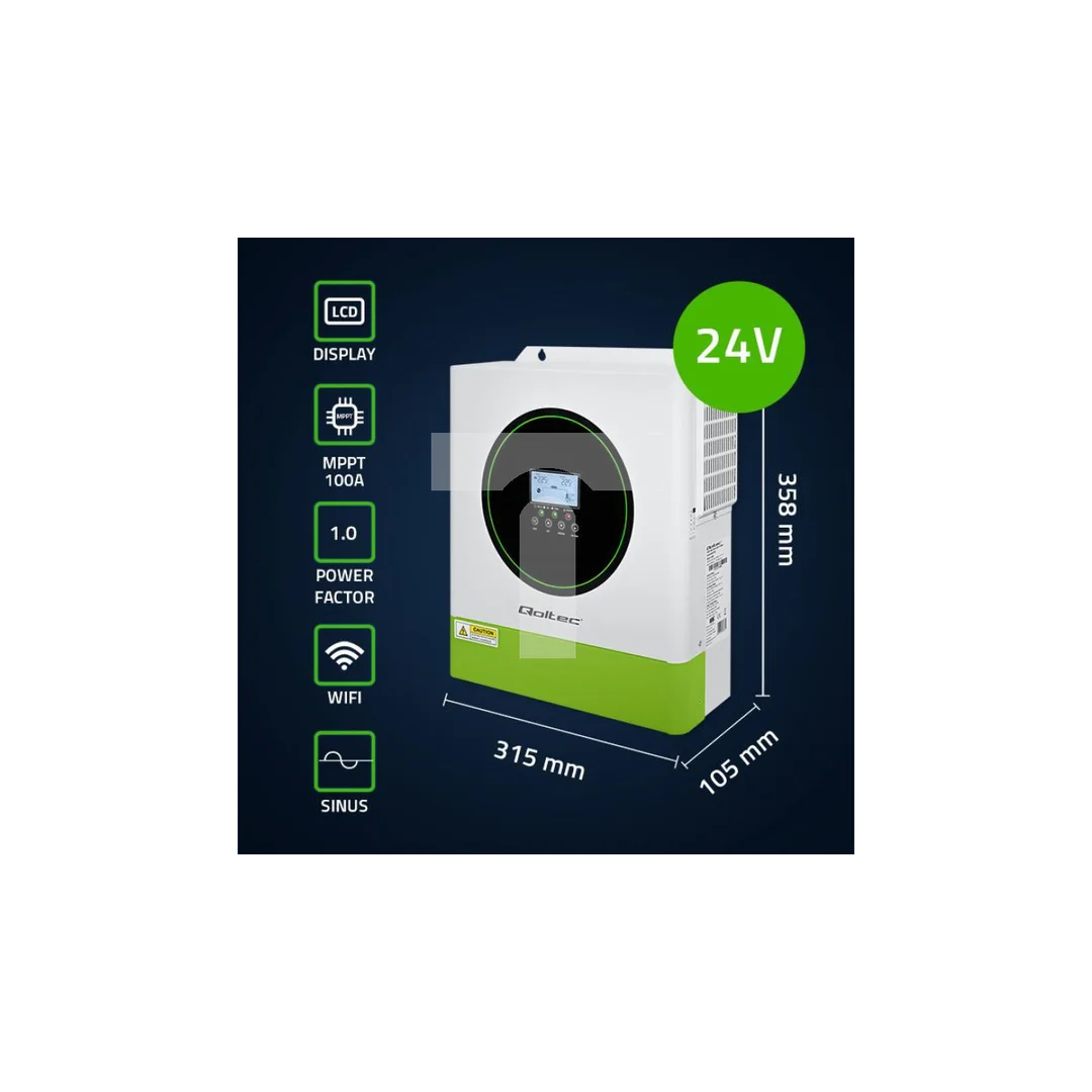 Qoltec Hybrydowy inwerter solarny Off-Grid 3500W 100A 24V MPPT BMS opcja Wi-fi Sinus Power factor 1.0