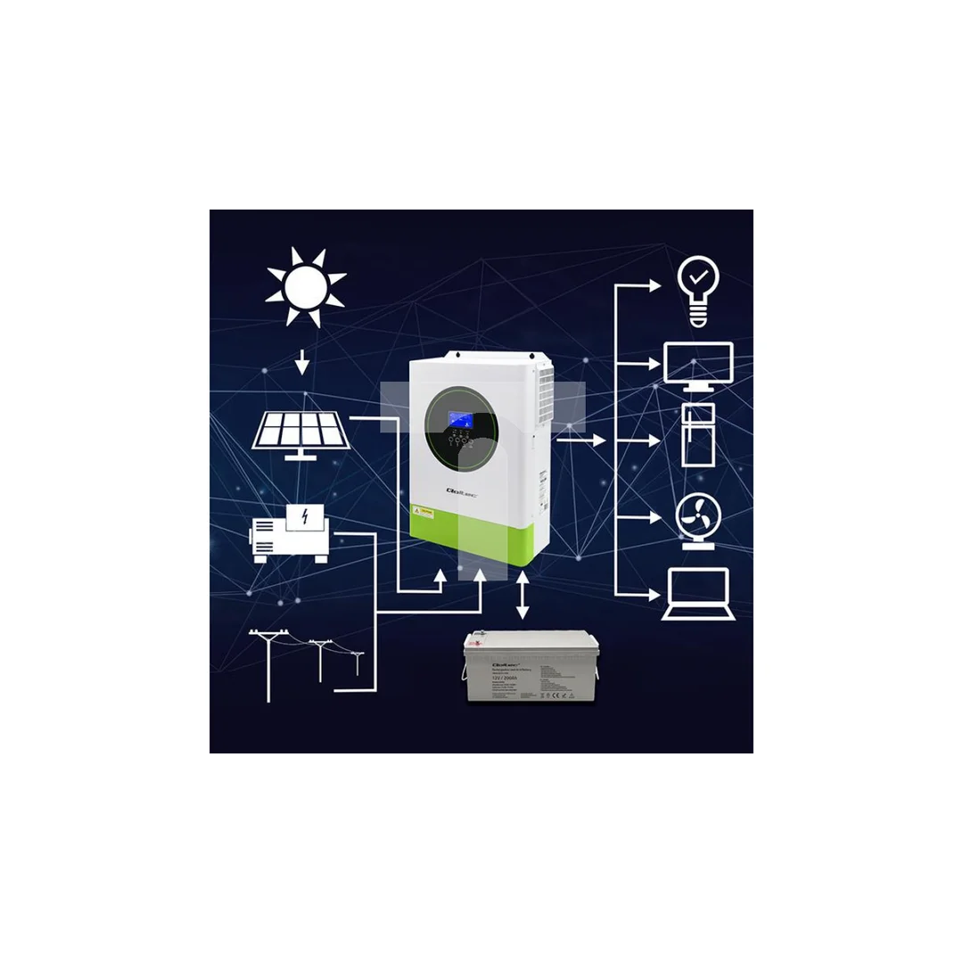 Qoltec Modularny Hybrydowy inwerter solarny Off-Grid 6200W 120A 48V MPPT do 12 jednostek BMS Sinus opcja Wi-Fi Power Factor 1.0