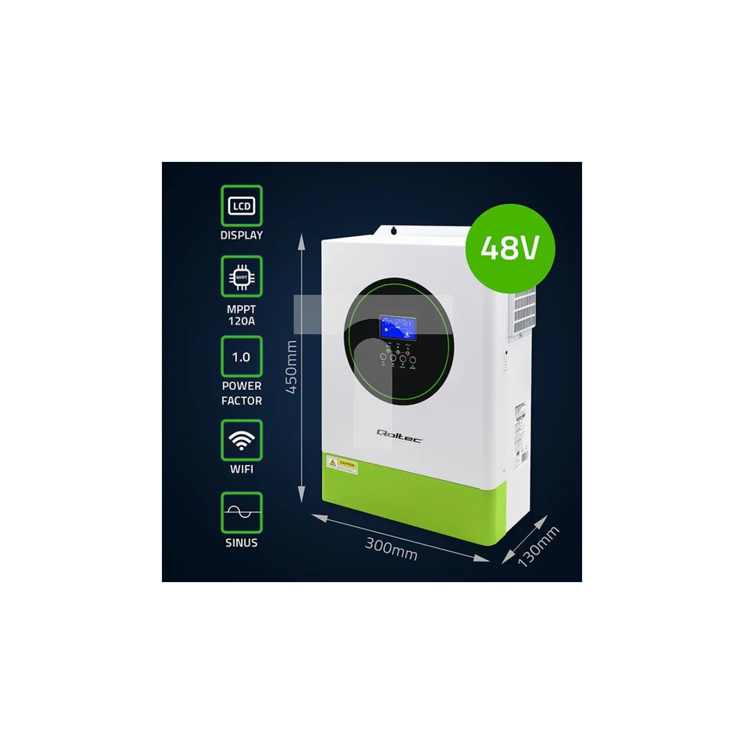 Qoltec Modularny Hybrydowy inwerter solarny Off-Grid 6200W 120A 48V MPPT do 12 jednostek BMS Sinus opcja Wi-Fi Power Factor 1.0