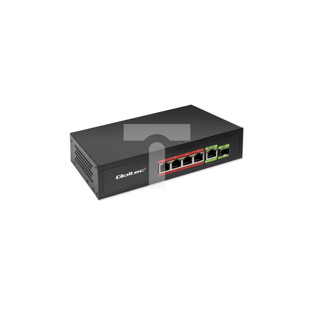 Qoltec Przełącznik sieciowy SWITCH FAST Ethernet PoE 4x RJ45 PoE 1x RJ45 Uplink 1x SFP 65W 1000 Mb