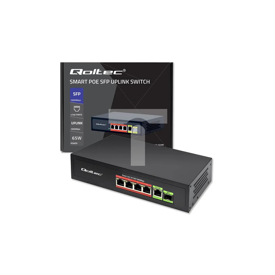 Qoltec Przełącznik sieciowy SWITCH FAST Ethernet PoE 4x RJ45 PoE 1x RJ45 Uplink 1x SFP 65W 1000 Mb