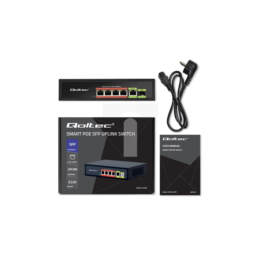 Qoltec Przełącznik sieciowy SWITCH FAST Ethernet PoE 4x RJ45 PoE 1x RJ45 Uplink 1x SFP 65W 1000 Mb
