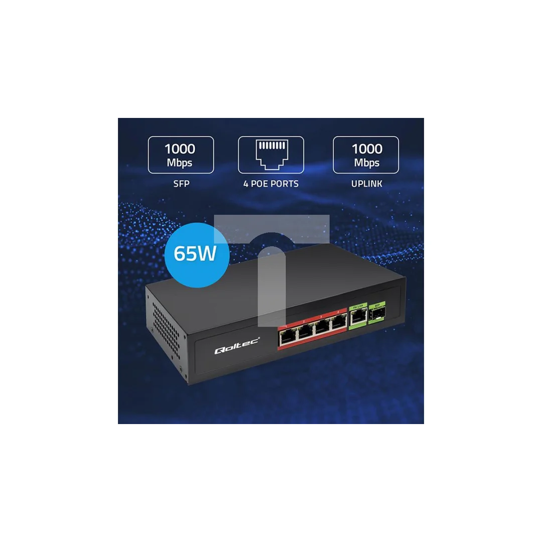 Qoltec Przełącznik sieciowy SWITCH FAST Ethernet PoE 4x RJ45 PoE 1x RJ45 Uplink 1x SFP 65W 1000 Mb