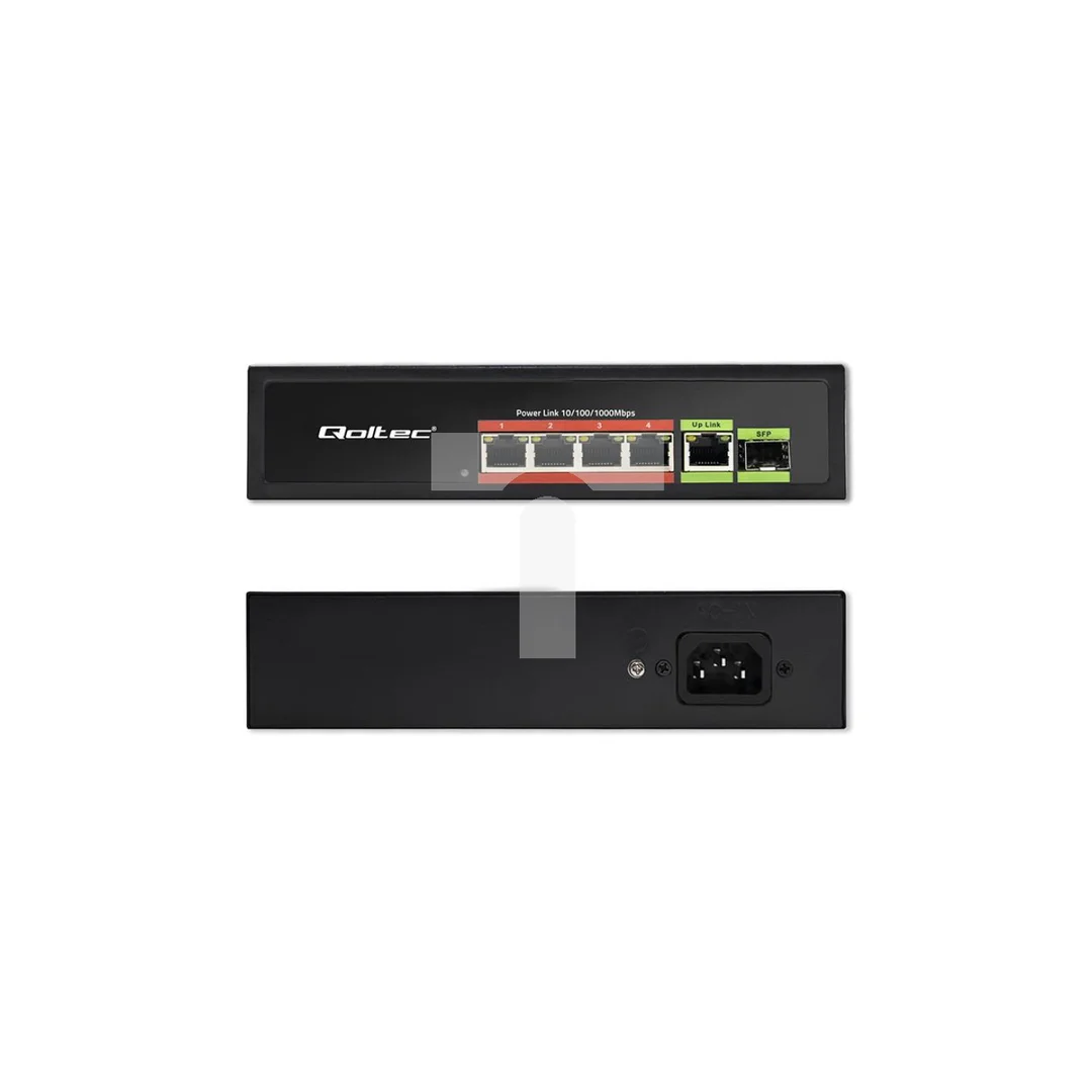 Qoltec Przełącznik sieciowy SWITCH FAST Ethernet PoE 4x RJ45 PoE 1x RJ45 Uplink 1x SFP 65W 1000 Mb