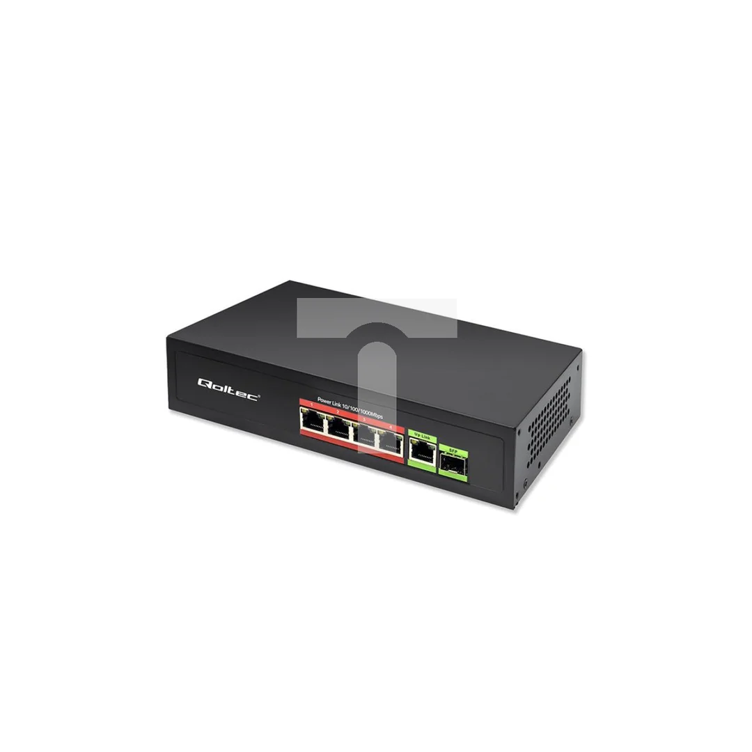 Qoltec Przełącznik sieciowy SWITCH FAST Ethernet PoE 4x RJ45 PoE 1x RJ45 Uplink 1x SFP 65W 1000 Mb