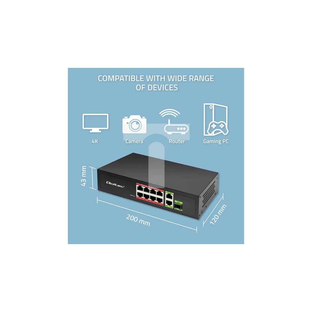 Qoltec Przełącznik sieciowy SWITCH FAST Ethernet PoE 8x RJ45 PoE 2x RJ45 Uplink 1x SFP 120W 1000 Mb