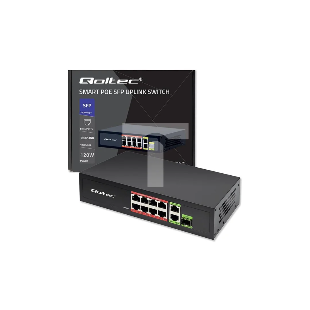 Qoltec Przełącznik sieciowy SWITCH FAST Ethernet PoE 8x RJ45 PoE 2x RJ45 Uplink 1x SFP 120W 1000 Mb