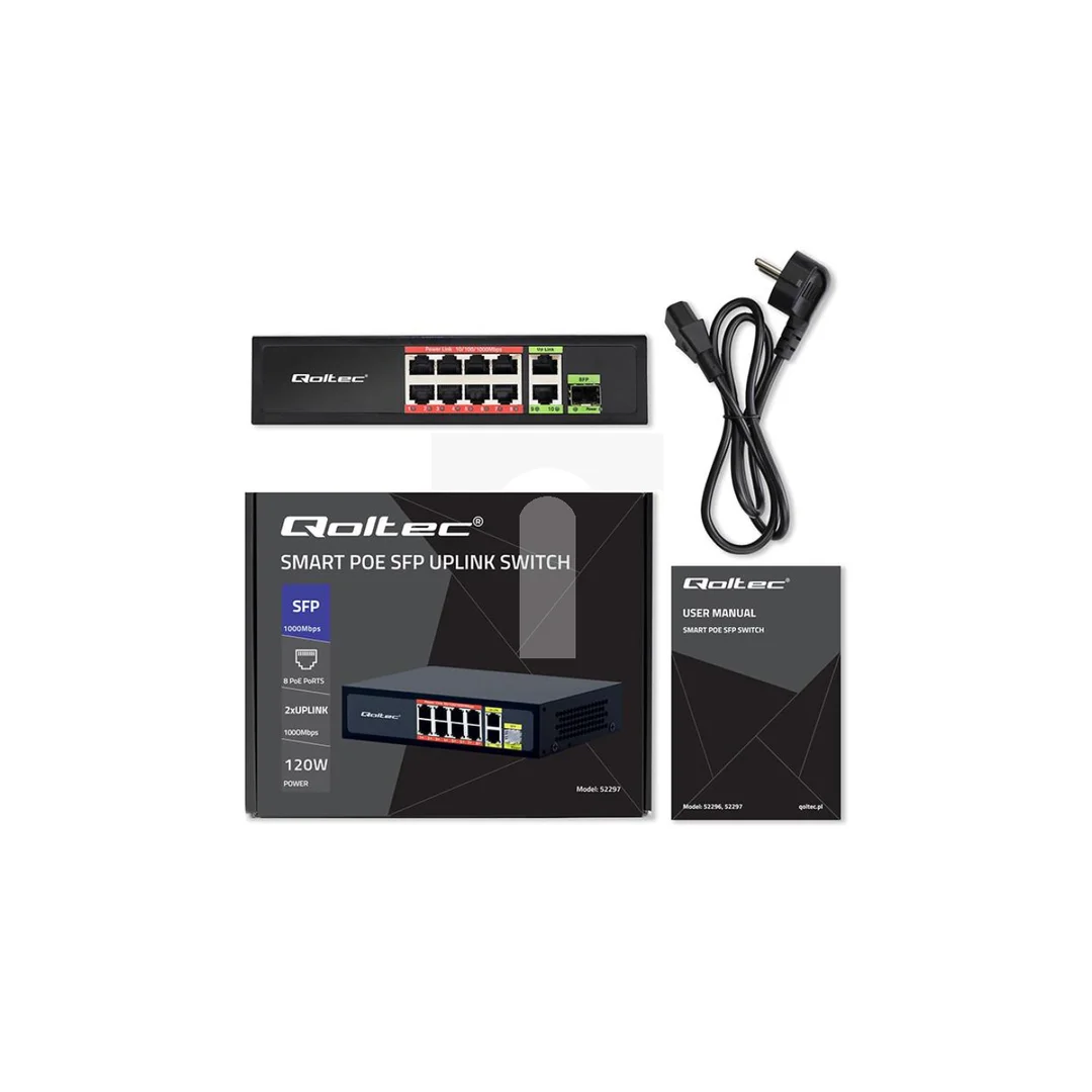 Qoltec Przełącznik sieciowy SWITCH FAST Ethernet PoE 8x RJ45 PoE 2x RJ45 Uplink 1x SFP 120W 1000 Mb