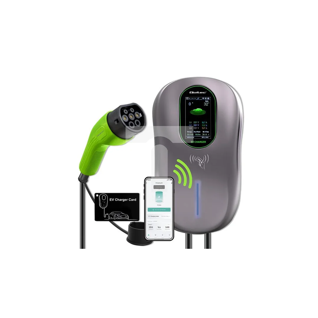 Qoltec Stacja ładowania EV 2w1 Typ2 22kW Wi-fi TUYA LCD RFID 3 fazy Wallbox 5m