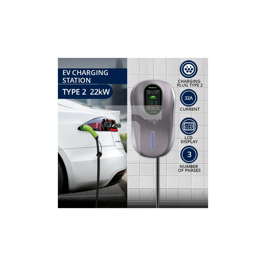 Qoltec Stacja ładowania EV 2w1 Typ2 22kW Wi-fi TUYA LCD RFID 3 fazy Wallbox 5m