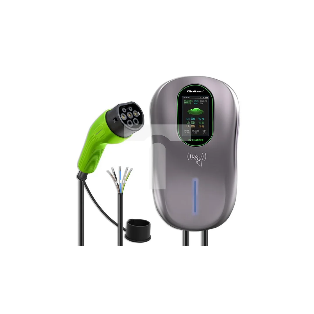 Qoltec Stacja ładowania EV 2w1 Typ2 22kW Wi-fi TUYA LCD RFID 3 fazy Wallbox 5m