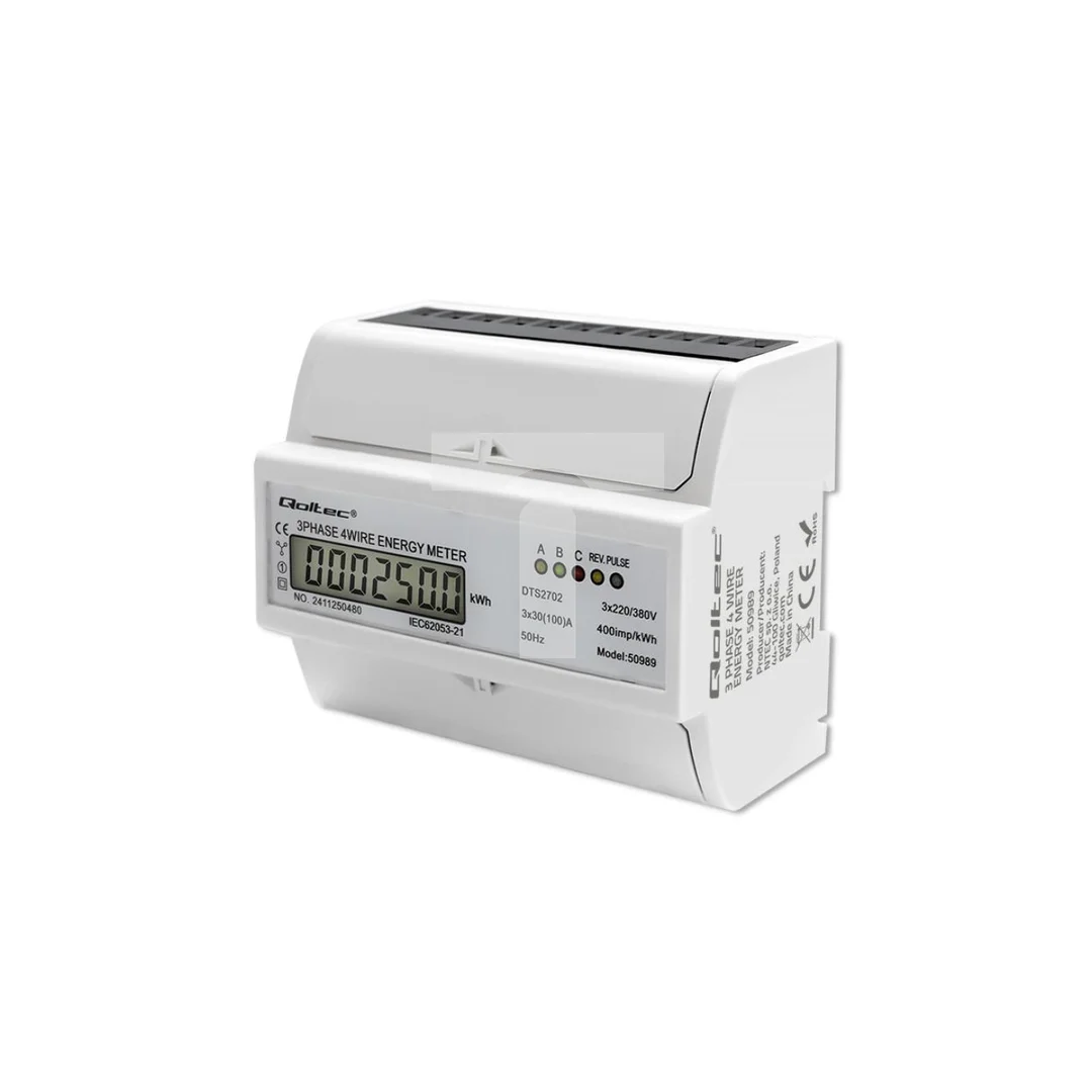 Qoltec Trójfazowy dwukierunkowy elektroniczny licznik miernik zużycia energii na szynę DIN 400V 100A LCD 4P