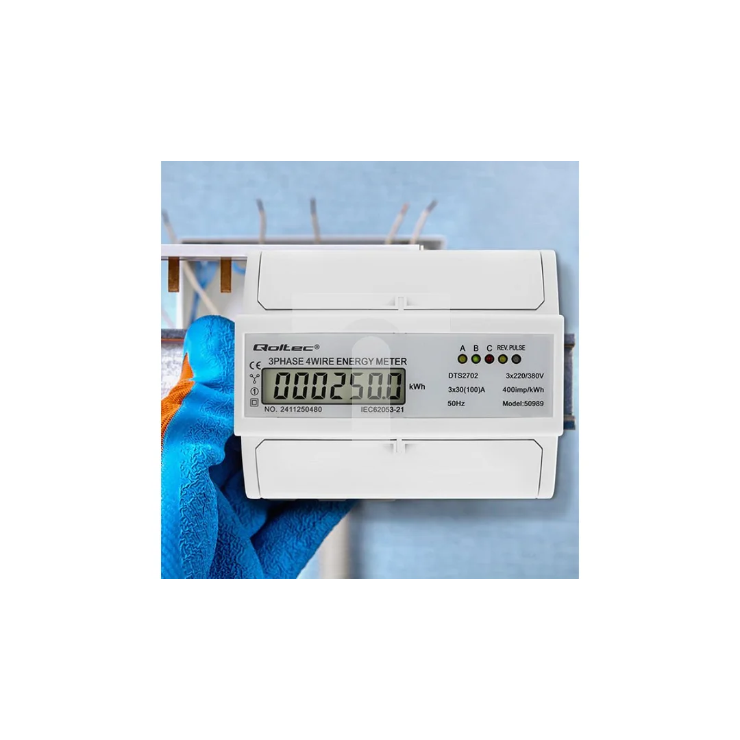 Qoltec Trójfazowy dwukierunkowy elektroniczny licznik miernik zużycia energii na szynę DIN 400V 100A LCD 4P