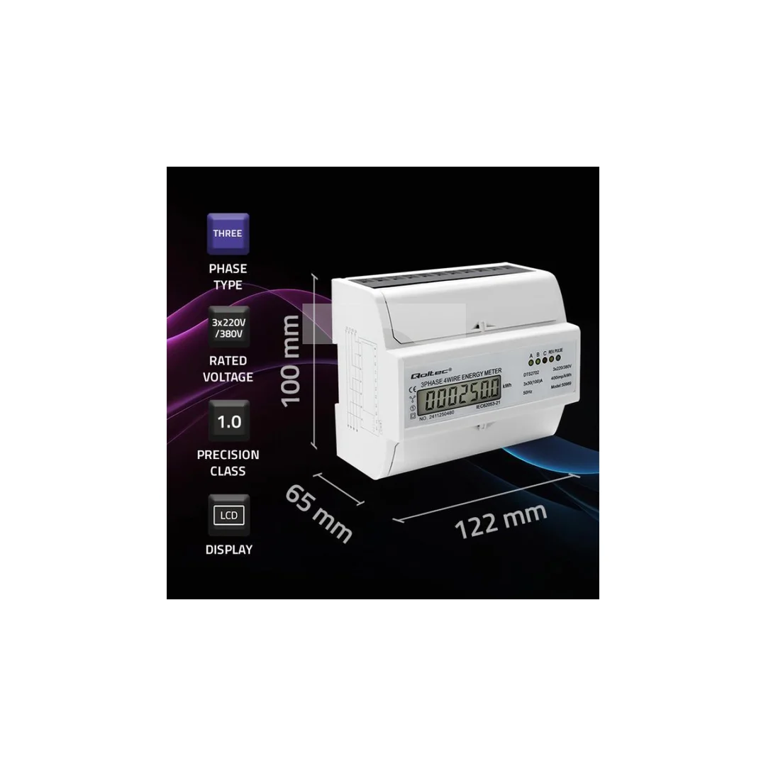 Qoltec Trójfazowy dwukierunkowy elektroniczny licznik miernik zużycia energii na szynę DIN 400V 100A LCD 4P