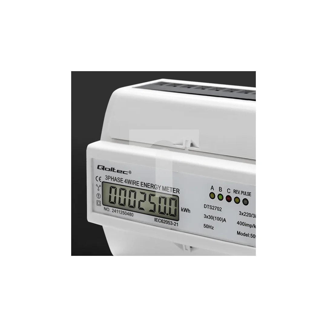 Qoltec Trójfazowy dwukierunkowy elektroniczny licznik miernik zużycia energii na szynę DIN 400V 100A LCD 4P