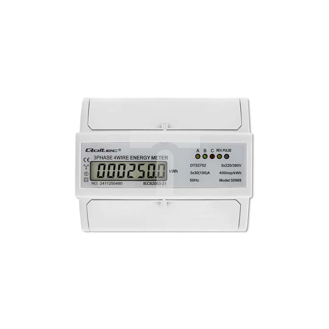 Qoltec Trójfazowy dwukierunkowy elektroniczny licznik miernik zużycia energii na szynę DIN 400V 100A LCD 4P