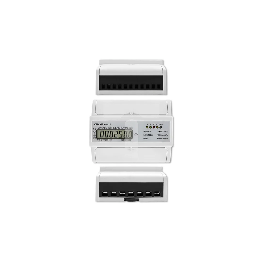 Qoltec Trójfazowy dwukierunkowy elektroniczny licznik miernik zużycia energii na szynę DIN 400V 100A LCD 4P