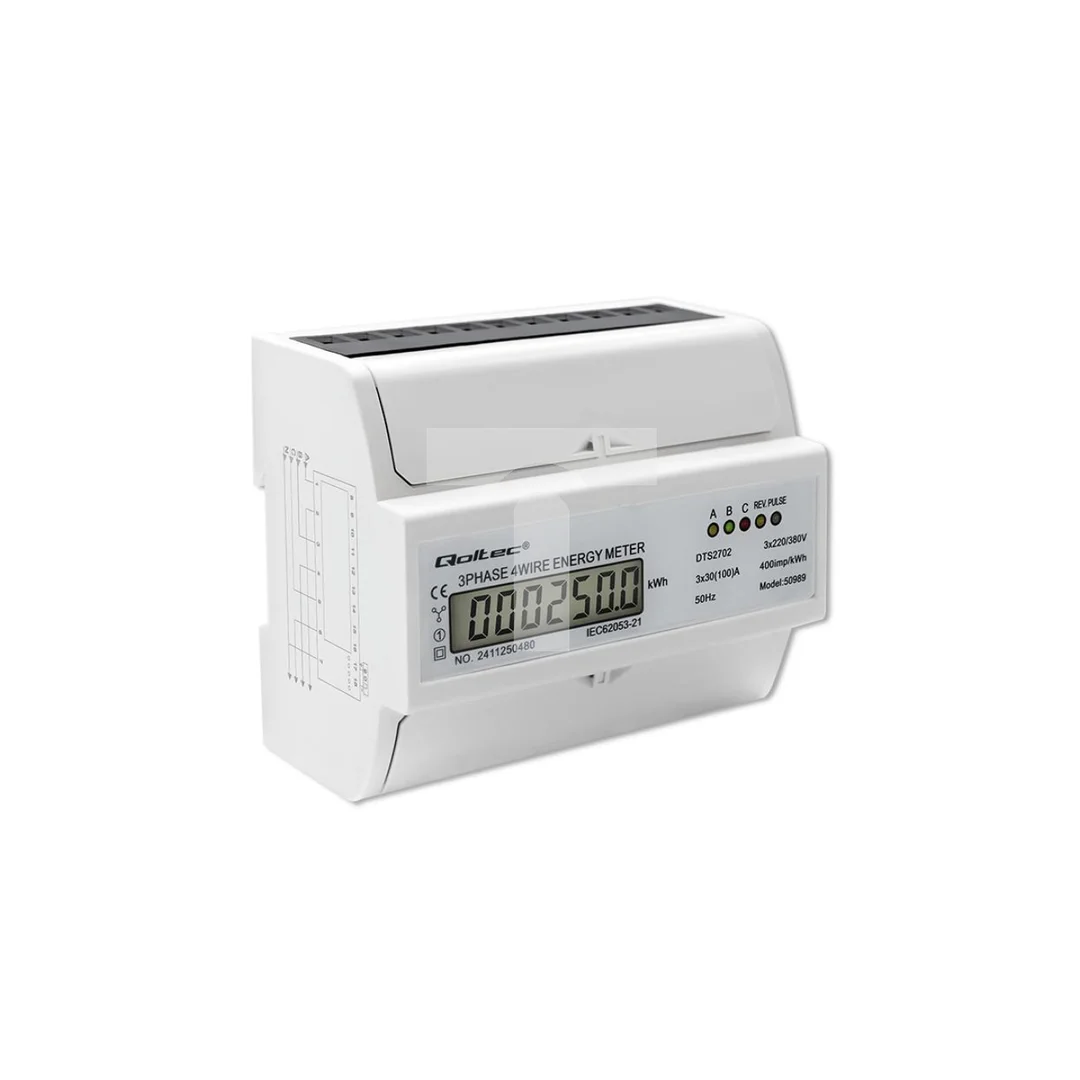 Qoltec Trójfazowy dwukierunkowy elektroniczny licznik miernik zużycia energii na szynę DIN 400V 100A LCD 4P