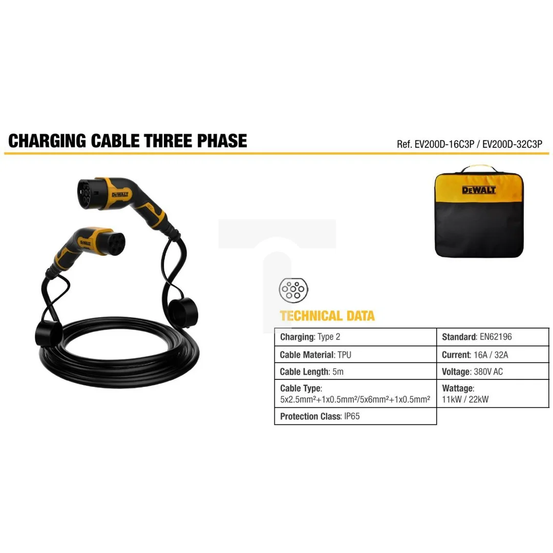 DeWalt Kabel ładujący 11kW typu 2 do typu 2 ev 16A IP65 5m