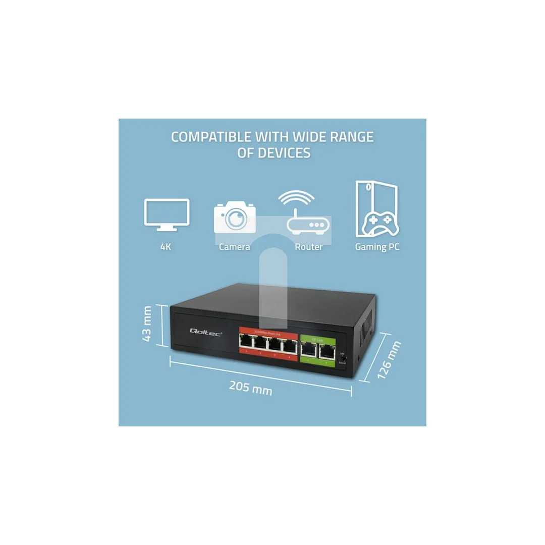 Qoltec Przełącznik sieciowy SWITCH FAST Ethernet PoE 4x RJ45 2x RJ45 Uplink 65W 10/100Mb/s