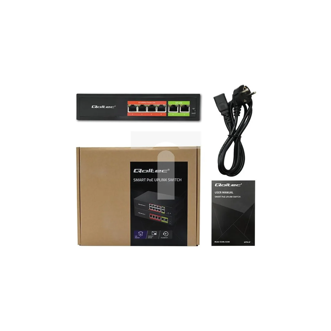 Qoltec Przełącznik sieciowy SWITCH FAST Ethernet PoE 4x RJ45 2x RJ45 Uplink 65W 10/100Mb/s