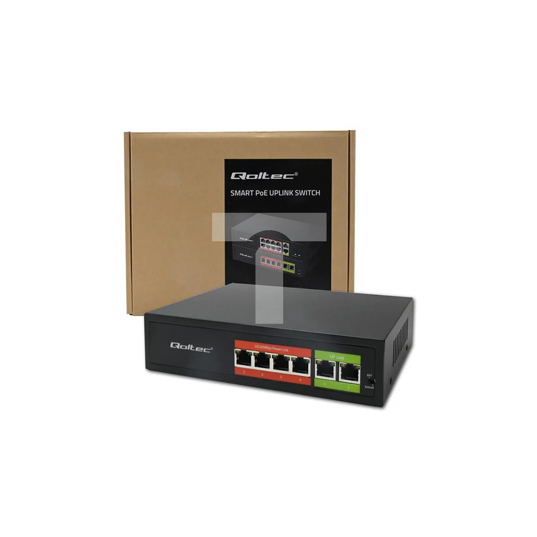 Qoltec Przełącznik sieciowy SWITCH FAST Ethernet PoE 4x RJ45 2x RJ45 Uplink 65W 10/100Mb/s