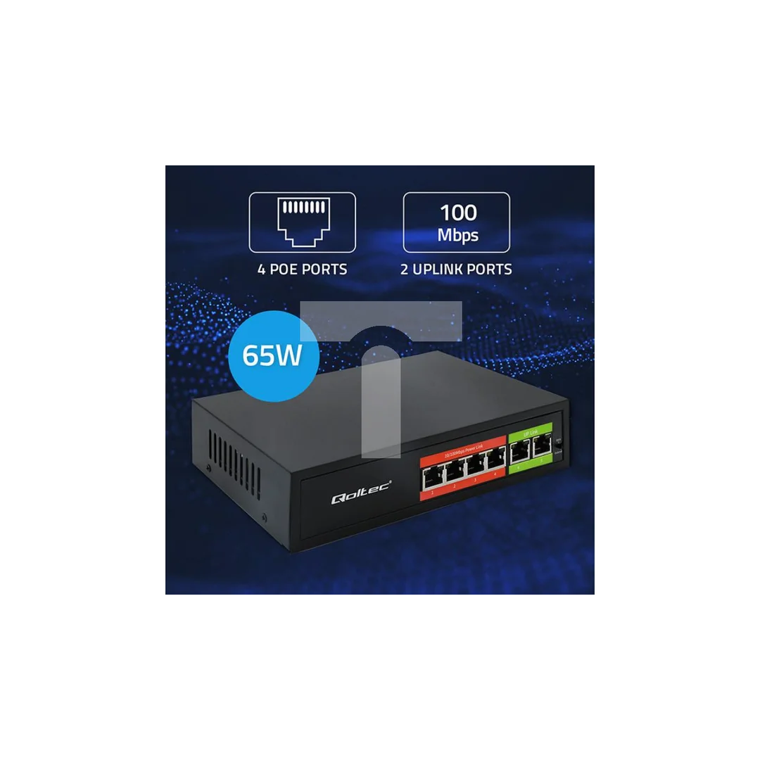 Qoltec Przełącznik sieciowy SWITCH FAST Ethernet PoE 4x RJ45 2x RJ45 Uplink 65W 10/100Mb/s