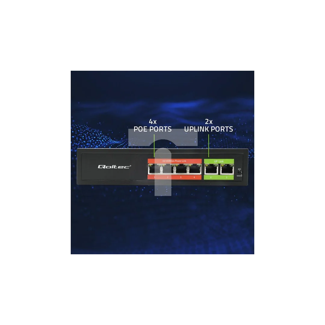Qoltec Przełącznik sieciowy SWITCH FAST Ethernet PoE 4x RJ45 2x RJ45 Uplink 65W 10/100Mb/s