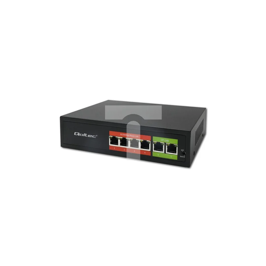 Qoltec Przełącznik sieciowy SWITCH FAST Ethernet PoE 4x RJ45 2x RJ45 Uplink 65W 10/100Mb/s