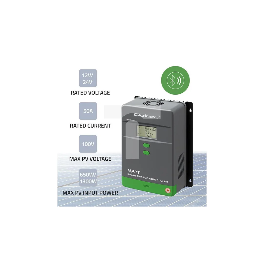 Qoltec Solarny regulator ładowania MPPT z czujnikiem temperatury 50A 12V / 24V LCD Bluetooth APP GEL LiFePO4