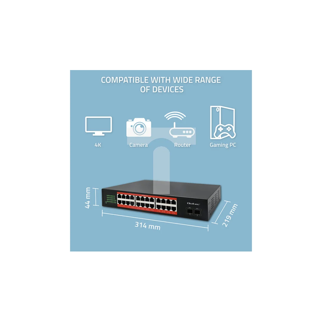 Qoltec Przełącznik sieciowy SWITCH Gigabit Ethernet 24x RJ45 2x SFP 1000 Mb/s