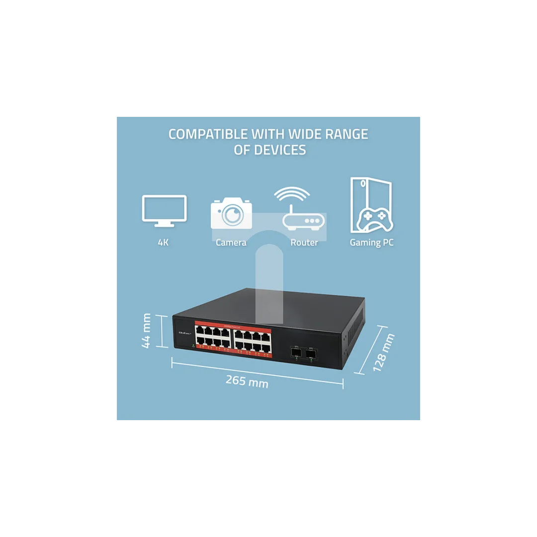 Qoltec Przełącznik sieciowy SWITCH Gigabit Ethernet 16x RJ45 2x SFP 1000 Mb/s