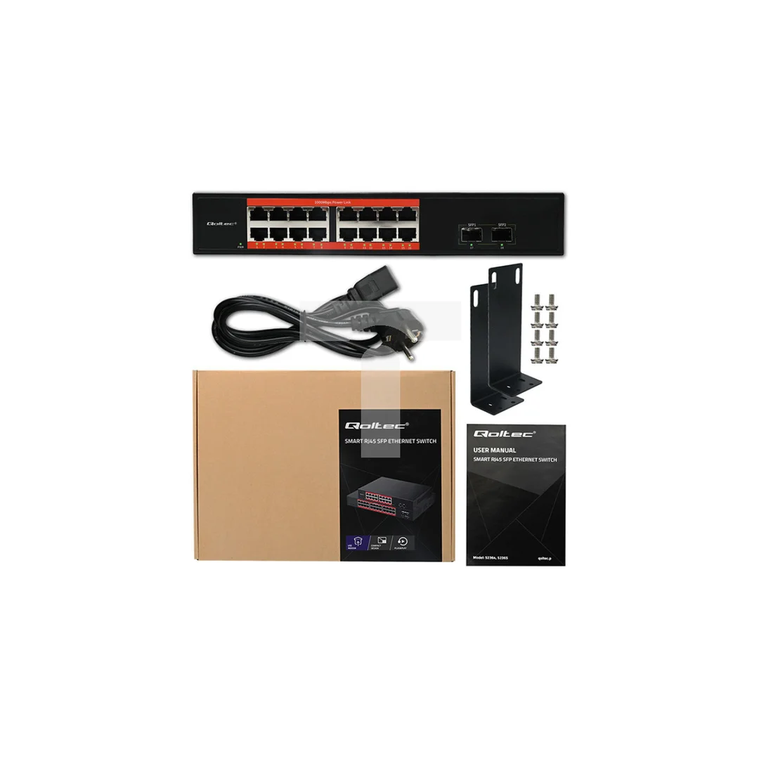 Qoltec Przełącznik sieciowy SWITCH Gigabit Ethernet 16x RJ45 2x SFP 1000 Mb/s
