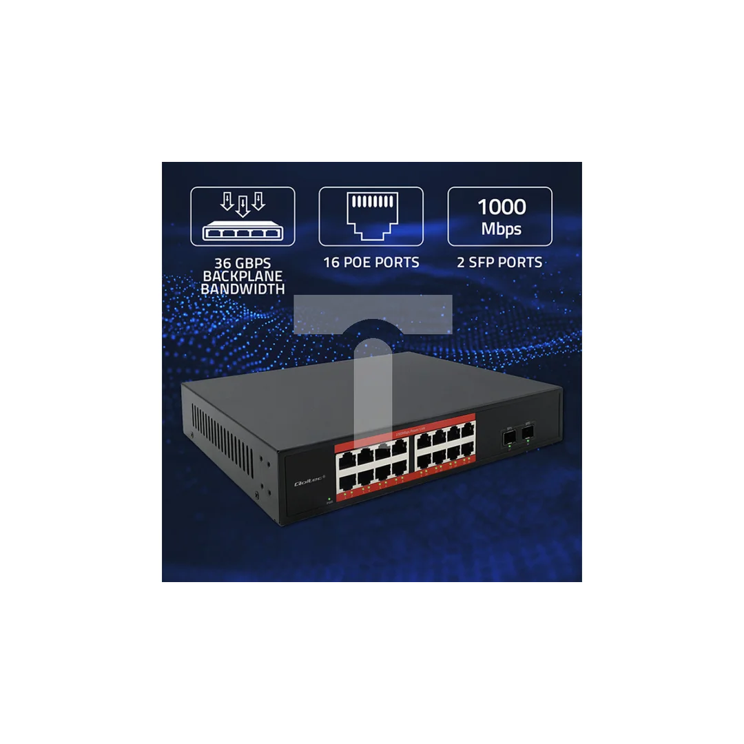 Qoltec Przełącznik sieciowy SWITCH Gigabit Ethernet 16x RJ45 2x SFP 1000 Mb/s