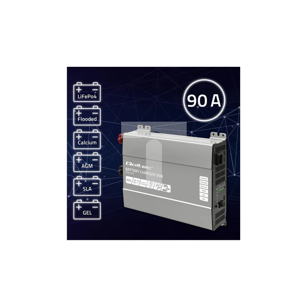 Qoltec Inteligentna profesjonalna ładowarka Monolith do akumulatorów LiFePO4 AGM GEL SLA 90A 12V Szybkie ładowanie
