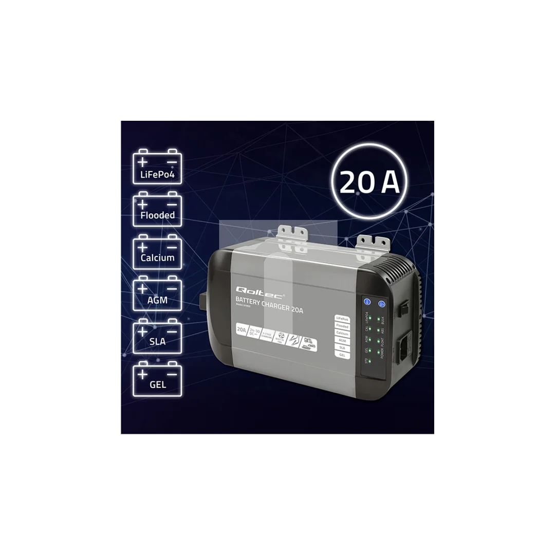 Qoltec Inteligentna ładowarka Monolith do akumulatorów LiFePO4 AGM GEL SLA 20A 24V